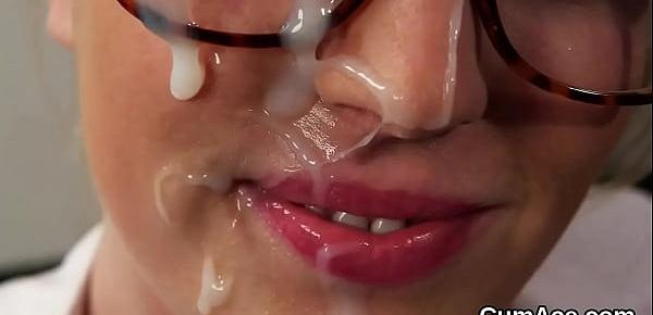 Foxy doll gets jizz shot on her face swallowing all the jizm